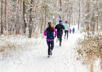 Fototapeta na wymiar back group runners run winter trail race in forest during a snowfall