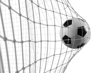 Soccer ball scores a goal on the net in a football match - 573478516