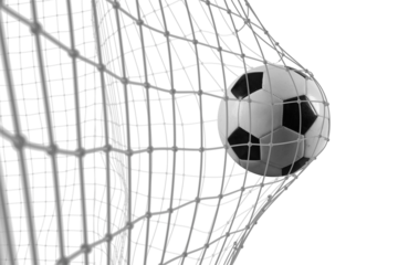 Soccer ball scores a goal on the net in a football match