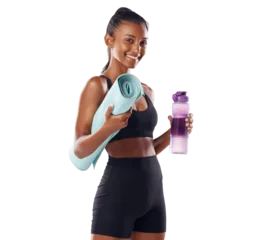 Fotobehang Active woman getting ready for her routine fitness workout holding a yoga mat and a water bottle for her routine excercise isolated on a png background. © peopleimages.com
