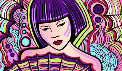 Colourful psychedelic line art with abstract woman. Doodles and lines abstract hand-drawn vector art.