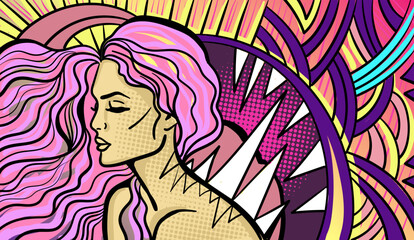 Fototapeta na wymiar Colourful psychedelic line art with abstract woman. Doodles and lines abstract hand-drawn vector art.
