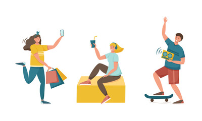 Summer characters - women with shopping bags, juice, phone and man with recorder and skateboard on white background.