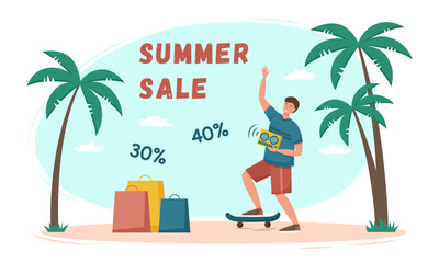 Summer sale concept. Man with shopping bags, recorder and skateboard.