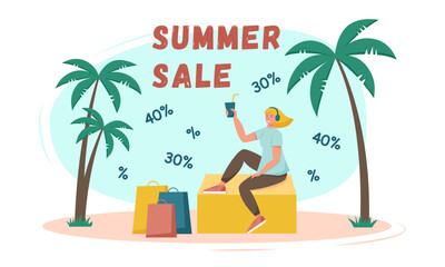 Summer sale concept. Woman sitting with shopping bags and juice against the palm trees.