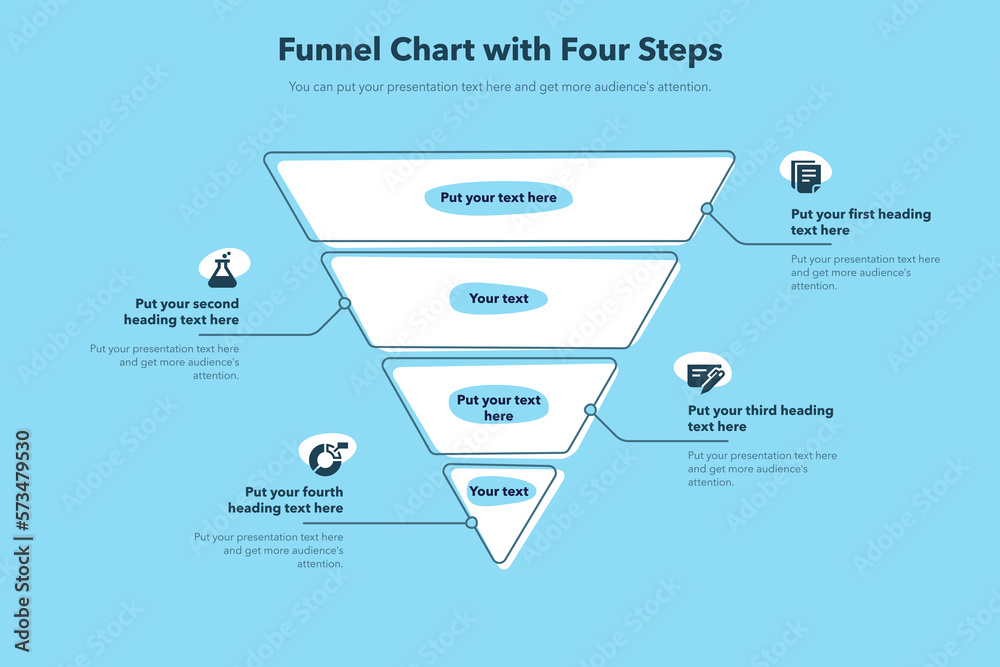 Aufkleber funnel chart template with four steps - blue version. creative diagram divided into four steps with 