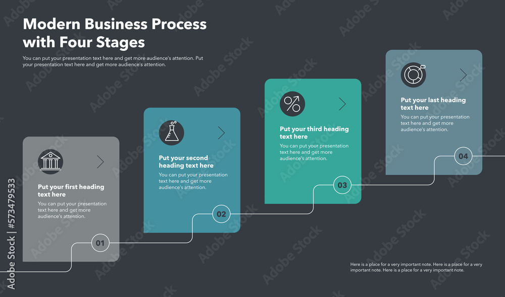 Aufkleber business process template with four stages - dark version. easy to use for your website or presentat