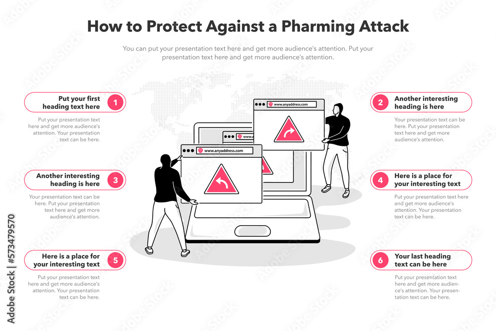 Aufkleber Simple infographic template for how to protect against a pharming attack. 6 stages template with a laptop and two hackers with several browser windows.