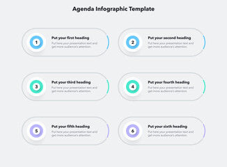Agenda infographic template with six steps and a place for your text. Flat infographic design.