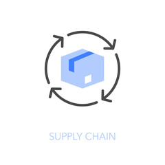 Simple visualised supply chain icon symbol with a product box and a process arrows.