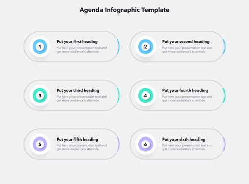 Agenda infographic template with six steps and a place for your text. Flat infographic design.