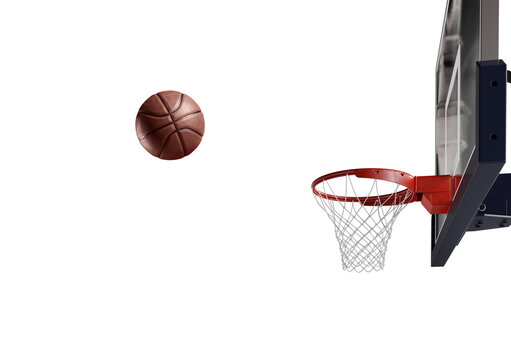 Basketball scene of a orange ball that is entering the basket. 3d rendering