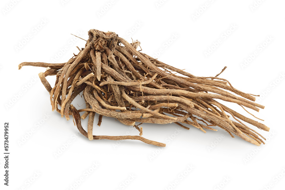 Wall mural Dried Valerian root isolated on white background. Valeriana officinalis with full depth of field.