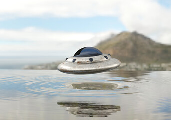UFO floating above the sea, 3D rendering © WEERASAK