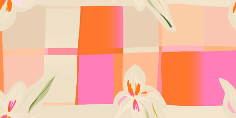 Hand drawn bright cute pink artistic flowers print. Modern botanical geometric pattern. Fashionable template for design. 