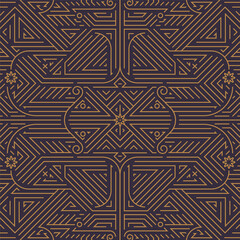 Vector art deco gold black seamless pattern. Geometric line vintage motif with leaves and swirls. Elegant, fancy luxury design for wallpaper print, packaging, wrapping paper, package, wedding gift