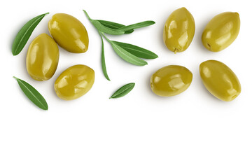 Green olives with leaves isolated on a white background with full depth of field. Top view with copy space for your text. Flat lay