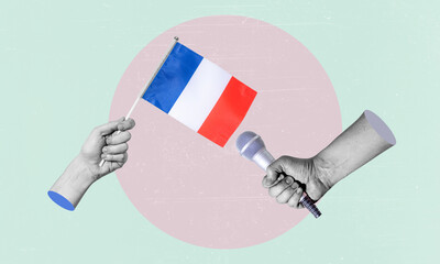 Art collage, collage of a hand holding the flag of France, microphone in the other hand.