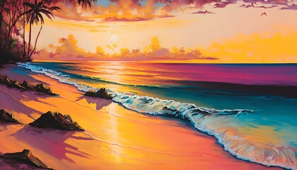 Sunset on the beach. Oil painted