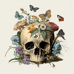 A human skull with florals and butterlies. Anatomical vintage illustration. (Generative AI)