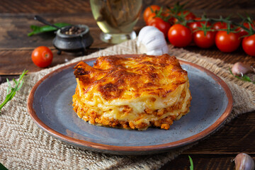 Classic lasagna with minced chiken bolognese sauce and bechamel sauce