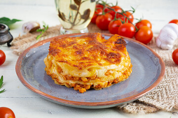 Classic lasagna with minced chiken bolognese sauce and bechamel sauce