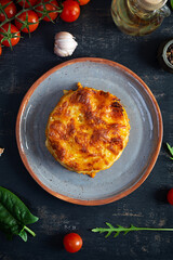 Classic lasagna with minced chiken bolognese sauce and bechamel sauce. Top view