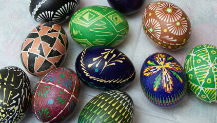 Happy Easter.Colorful hand painted decorated Easter eggs. Handmade Easter craft.Spring decoration background. DIY Festive traditional symbols.Holiday Still life photo