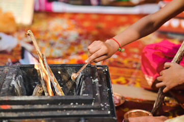 Ceremonial holy fire for Hindu Worship and Rituals. Holy Smoke. Maharashtra culture. Indian culture.