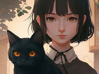 Beaty anime girl and cat