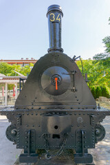 Navás, Barcelona - October 16, 2022: closeup of a disused old locomotive at the bus station
