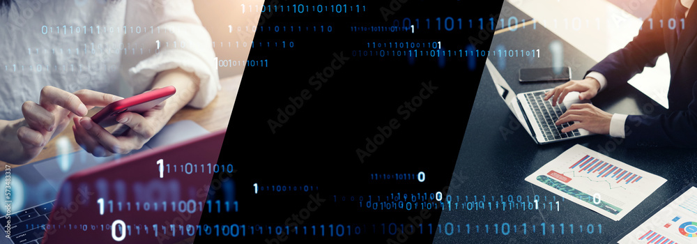 Poster working people and digital communication network concept. wide angle visual for banners or advertise