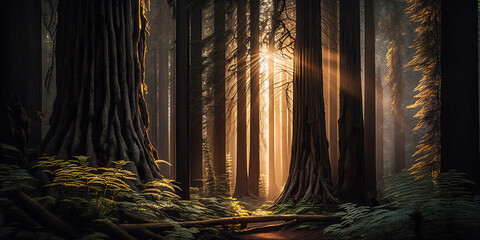 redwood forest at dusk - obrazy, fototapety, plakaty