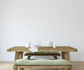Farmhouse dining-room. Interior mockup. 3d render.