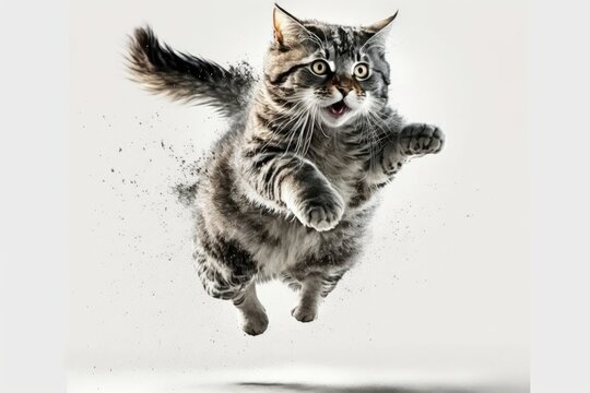 A Cat Running With Its Mouth Open. Jumping Cat Isolated On White Background  - Generative AI