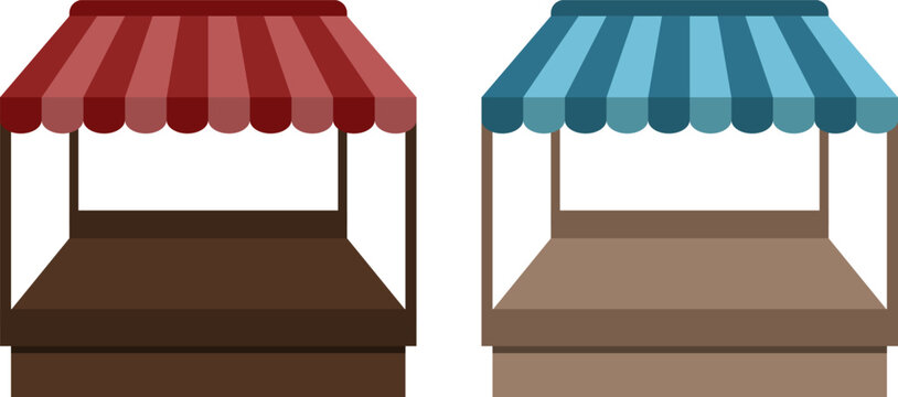Market fair stalls, vector. Wooden counters with a fabric striped roof.