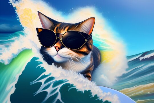 oil painting of a cat wearing sunglasses and surfing a wave on the ocean - generative ai