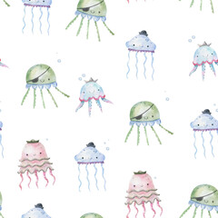 Seamless pattern with sea creatures. Endless underwater life background. Fish, jellyfish, shark, flora, sea shell, corals, starfish. Ocean wallpaper, textile, wall art, fabric print. Summer vacation. 