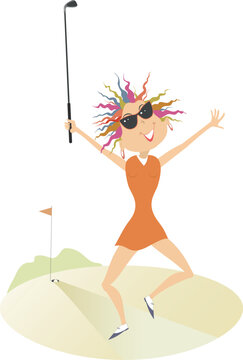 Happy golfer woman on the golf court. 
Smiling golfer woman happy to make a good shot
