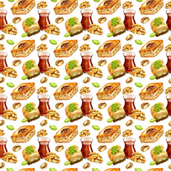 seamless pattern with oriental sweets, turkish sweets, hand-drawn sketch, watercolor illustration