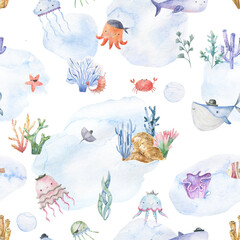 Seamless pattern with sea creatures. Endless underwater life background. Fish, jellyfish, shark, flora, sea shell, corals, starfish. Ocean wallpaper, textile, wall art, fabric print. Summer vacation.  © Ilona