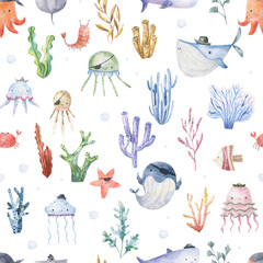 Naklejka premium Seamless pattern with sea creatures. Endless underwater life background. Fish, jellyfish, shark, flora, sea shell, corals, starfish. Ocean wallpaper, textile, wall art, fabric print. Summer vacation. 