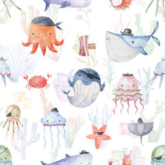 Seamless pattern with sea creatures. Endless underwater life background. Fish, jellyfish, shark, flora, sea shell, corals, starfish. Ocean wallpaper, textile, wall art, fabric print. Summer vacation.  © Ilona