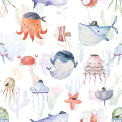 Papier Peint photo Lavable Vie marine Seamless pattern with sea creatures. Endless underwater life background. Fish, jellyfish, shark, flora, sea shell, corals, starfish. Ocean wallpaper, textile, wall art, fabric print. Summer vacation. 