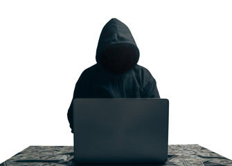 Fototapeta anonymous young man hacker sitting playing laptop with lots of money lying around.Concept Massive financial theft transparent background. png.file obraz