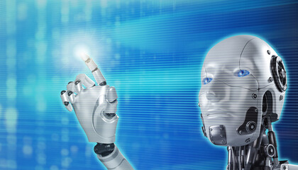 Hand of robot on blurred background touching computer digital screen