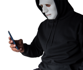 Close-up. An anonymous hacker wearing a mask and black hoodie shows off a smartphone with a blank white screen. Hacking and malware concept. Transparent background. png.file