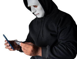 Close-up. An anonymous hacker wearing a mask and black hoodie shows off a smartphone with a blank white screen. Hacking and malware concept. Transparent background. png.file
