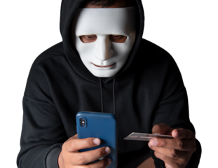 Close-up. An anonymous hacker wearing a mask and black hoodie shows off a smartphone with a blank white screen. Hacking and malware concept. Transparent background. png.file