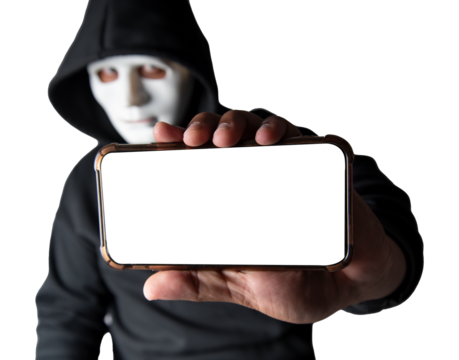 Close-up. An anonymous hacker wearing a mask and black hoodie shows off a smartphone with a blank white screen. Hacking and malware concept. Transparent background. png.file
